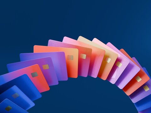 Colorful Cards Arranged in a Curved Line Against a Blue Background