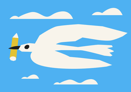 bird flying with pencil in beak