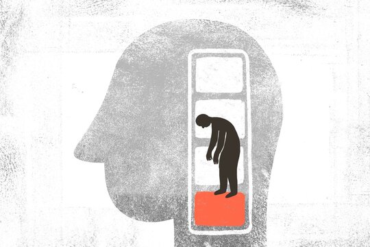 Human head with a low battery inside 