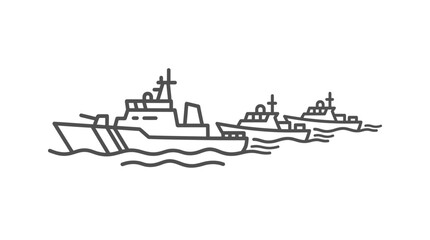 Obraz premium Group of three naval ships sailing line art.