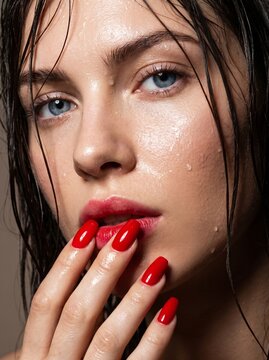 Wet beauty portrait with red lipstick red manicure and glossy skin in luxury fashion close up