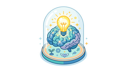 Featuring a brain in a glass dome with a glowing lightbulb, plant, and gears. Suitable for creativity and innovation themes. © se