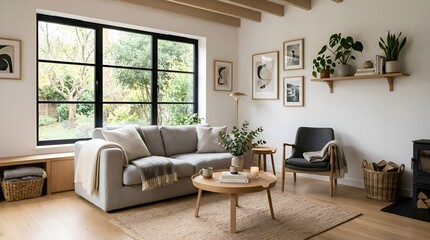 Fototapeta premium Modern living room interior with contemporary furniture neutral tones