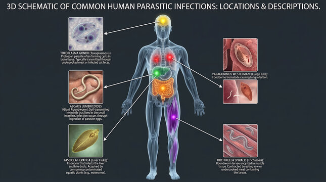 Medical Illustration: Schematic Map of Common Human Parasitic Infections and Their Organ Locations.