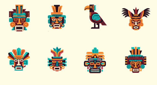 Vibrant pixel art icons of ancient tribal masks and a colorful bird inspired by Mayan or Aztec civilizations for game design or culture.
