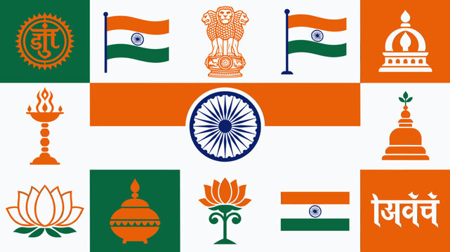 A vibrant collage showcasing diverse Indian national, cultural, and religious symbols, including the flag, Ashoka Chakra, national emblem, Om, lotus, and stupa, on a tricolor background.
