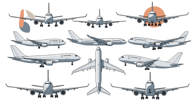 Comprehensive collection of commercial airplanes shown from various angles including front, side, top, and perspective views for aviation themes.