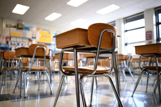 Empty classroom with wooden desks and metal chairs arranged neatly, bright windows letting in natural light illuminating the polished floor.