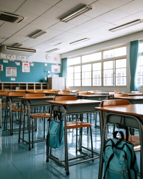 A bright, empty classroom with wooden desks and chairs, large windows letting in natural light, and backpacks hanging on the desks.