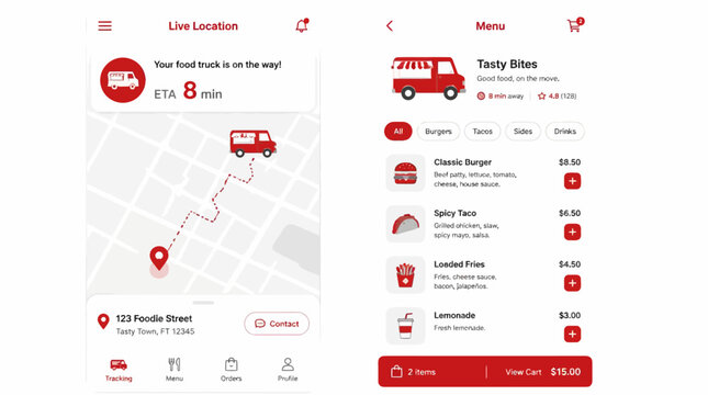 Food delivery app UI design with map tracking and menu screen