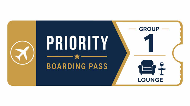 Priority boarding pass graphic element with airplane and lounge icons, vector illustration