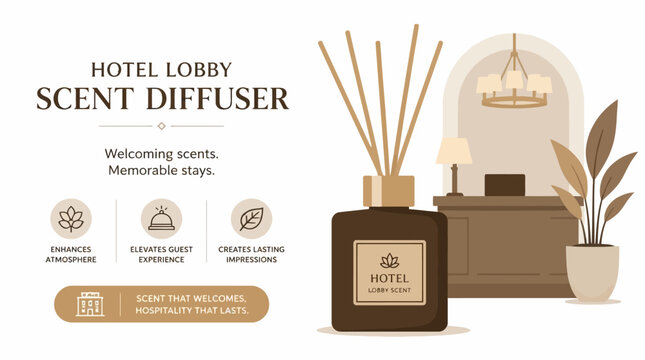 Hotel lobby scent diffuser with reeds in a modern interior setting, concept for ambiance and welcome