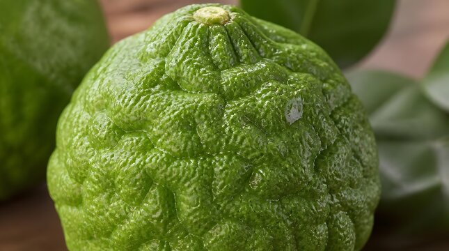 Close up of fresh green kaffir lime fruit with textured bumpy skin.