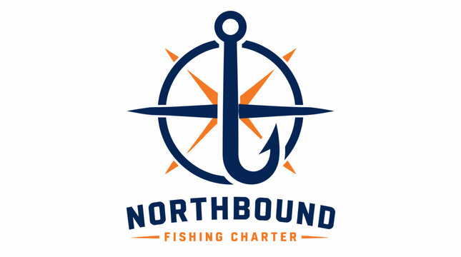 Fishing charter logo with compass and hook graphic element