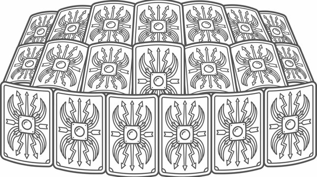 Detailed Roman testudo shield wall formation line art.