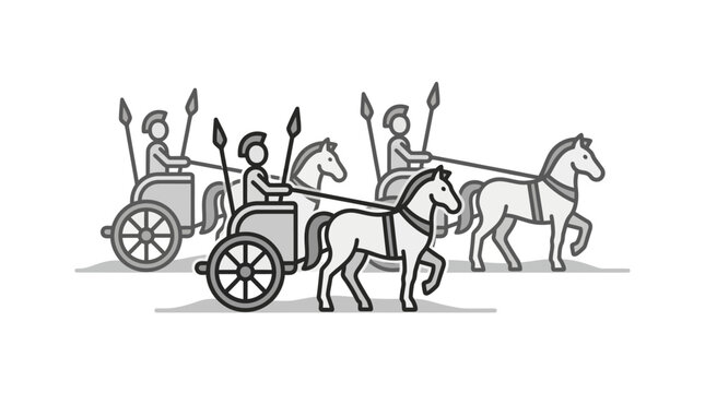 Ancient war chariot pulled by horses line art illustration.