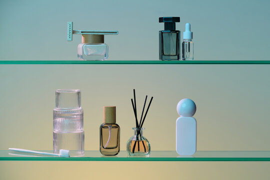 Modern bathroom shelf display of personal care and fragrance products