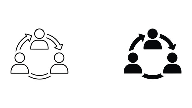 Business team circular interaction icon set featuring group of people connected in circular loop with arrows for continuous feedback and collaborative project management in flat vector style