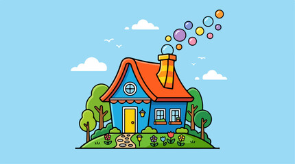Obraz premium Colorful Cartoon House with Balloons.