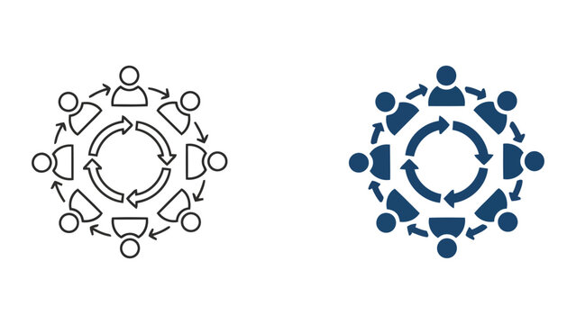 Business team cycle collaboration icon showing people arranged in a circle with continuous arrows for workflow and iterative process management in clean vector design