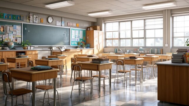 A bright, empty classroom with wooden desks, chairs, a chalkboard, and large windows letting in natural light.