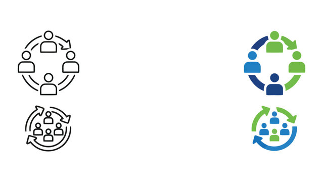 Business team circular collaboration icon set featuring group of people connected by arrows in circular loop for teamwork cycles and process management in flat vector style for corporate use