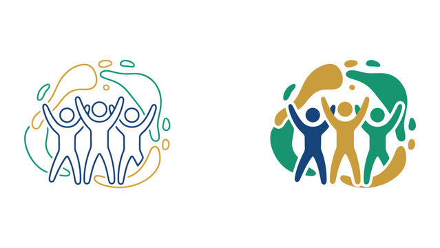Diverse team celebration and success unity vector icon set with abstract colorful splash shapes