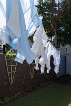 Shirts in White and Blue Are Hanging on a Cloth Line in the Backyard