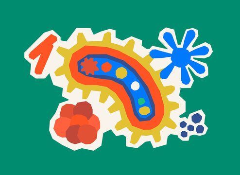Abstract rainbow sun and shapes illustration in playful flat style
