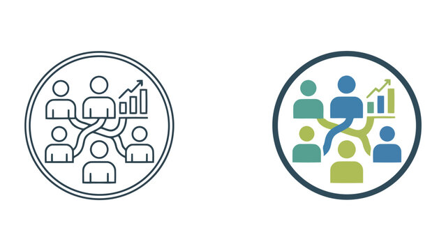 Business team workflow integration icon set featuring group of people connected by paths inside circle with bar charts for organizational management and project coordination in flat vector style