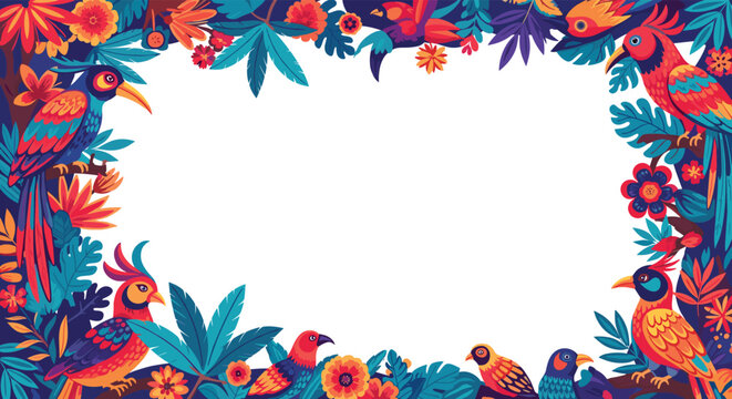 Vibrant tropical frame filled with colorful parrots, exotic flowers, and lush leaves creates a beautiful border for summer and nature designs.