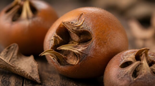 Close up of ripe medlar fruits on a rustic wooden table.