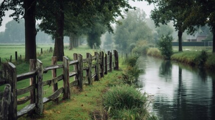 Obraz premium Serene Riverbank Scene with Wooden Fence, Lush Greenery, and Misty Atmosphere Perfect for Nature and Tranquility Themes in Stock Photography