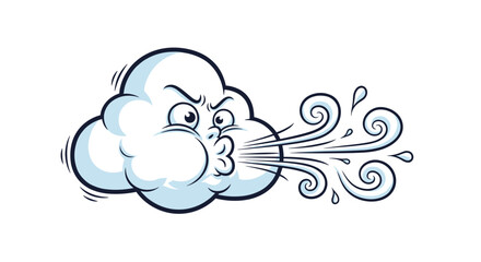 Funny white cloud cartoon character with a puffed face blowing a strong wind with swirling air currents and droplets.