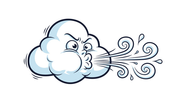 Funny white cloud cartoon character with a puffed face blowing a strong wind with swirling air currents and droplets.