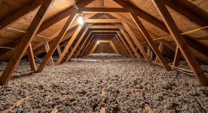 Wide angle view of an attic floor fully covered with blown in insulation material