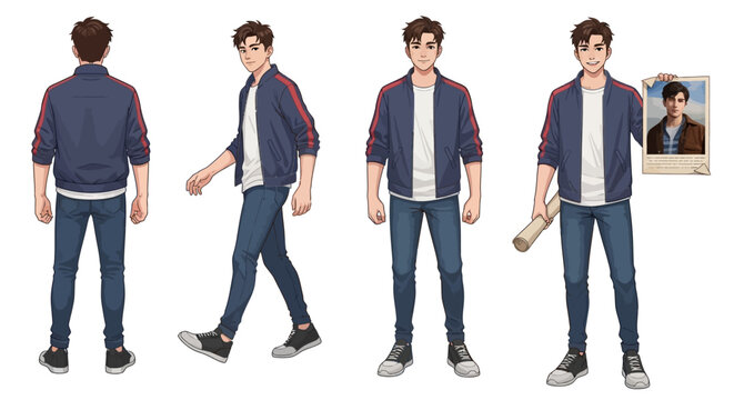A character sheet showing a young man in casual clothing from multiple angles