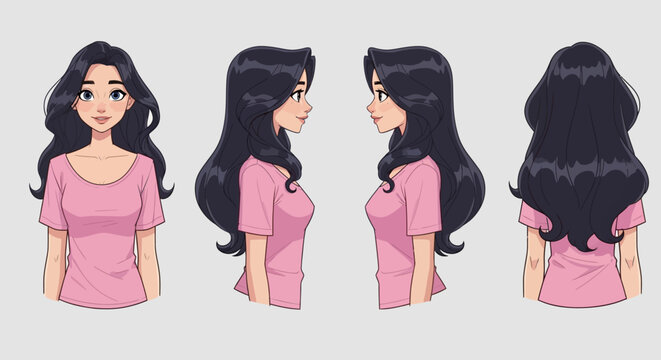 A character sheet showing a young woman from four different viewing angles