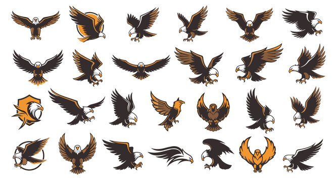 Comprehensive collection of bald eagle logos and poses showing the bird flying, landing, and attacking in various styles.