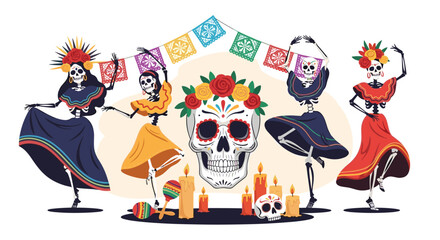 Fototapeta premium Joyful skeletons in traditional Mexican attire dance around a sugar skull decorated with flowers for the Day of the Dead celebration.