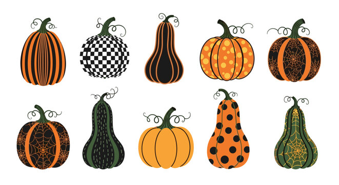 Assorted collection of pumpkins and gourds decorated with unique patterns such as stripes, polka dots, and spider webs for autumn.