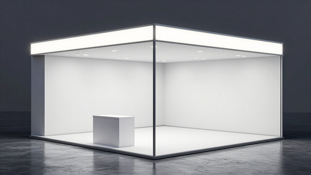 Empty exhibition booth with reception desk and lighting
