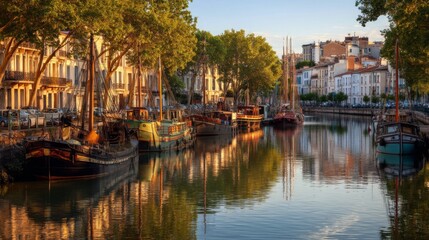 Fototapeta premium Tranquil Sunset Reflection Over Charming Canal with Traditional Boats, Lush Trees, and Historic Architecture in Scenic Waterfront Village