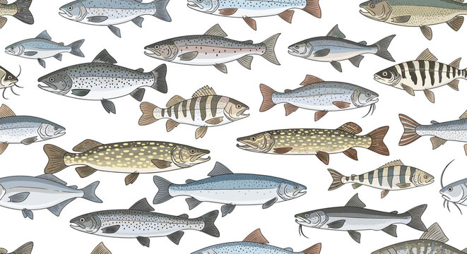 Seamless pattern featuring a realistic collection of different freshwater fish species such as salmon and perch on a white background.