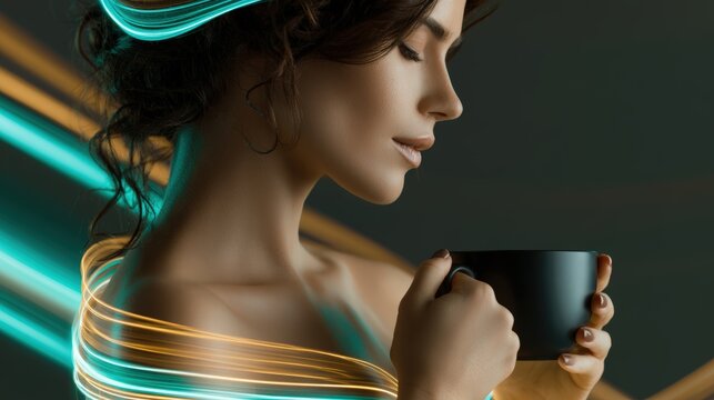Beautiful charming woman holding a sleek matte black coffee cup wrapped in dynamic glowing amber and cyan laser lines symbolizing energy in studio.