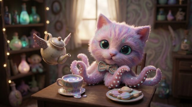 Cute fantasy kitten octopus hybrid having tea in magical pastel room with whimsical floating teapot