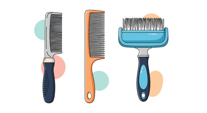 Professional pet grooming equipment including a slicker brush and two types of combs for maintaining animal fur and hygiene.