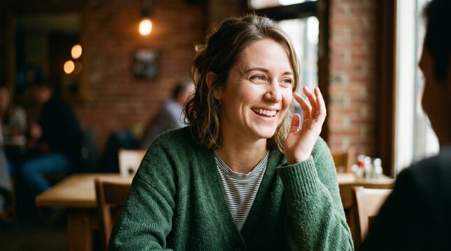 Candid portrait of a smiling young woman chatting with a friend in a cozy caf&eacute;, warm natural light, shallow depth of field, and relaxed social atmosphere.