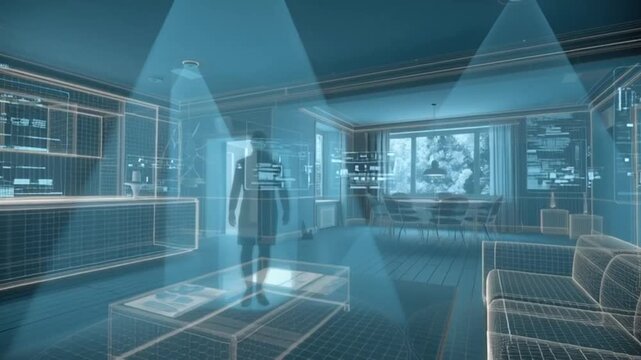 Futuristic home interior blueprint visualization with holographic elements