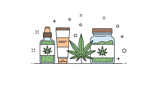 Cannabis medical and beauty products line art illustration including cbd oil bottle, topical cream tube, and hemp leaf in a clean style.